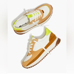 Madewell Kickoff Trainer Sneaker in Luminary Citron leather and tan suede 7.5